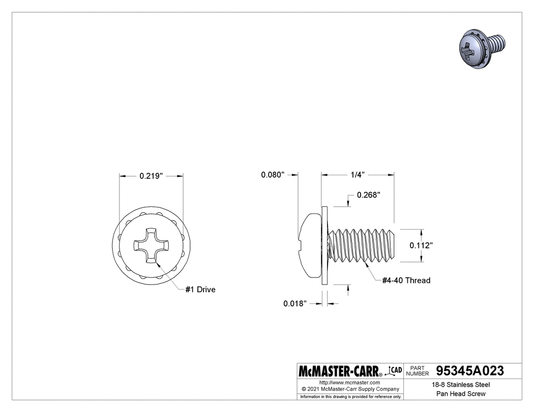 Technical Drawing of 18-8 Stainless Steel Pan Head Screw, with Internal-Tooth Lock Washer, 4-40 Thread Size, 1/4" Long.